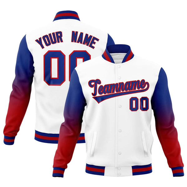 Custom White Royal Blue Red Full-Snap Varsity Raglan Sleeves Gradient Letterman Jacket | BuyFootballJersey