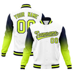 Custom White Neon Green Navy Full-Snap Varsity Raglan Sleeves Gradient Letterman Jacket | BuyFootballJersey