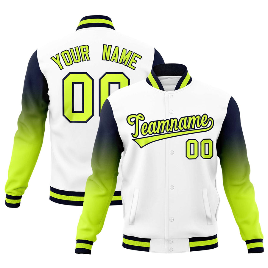 Custom White Neon Green Navy Full-Snap Varsity Raglan Sleeves Gradient Letterman Jacket | BuyFootballJersey