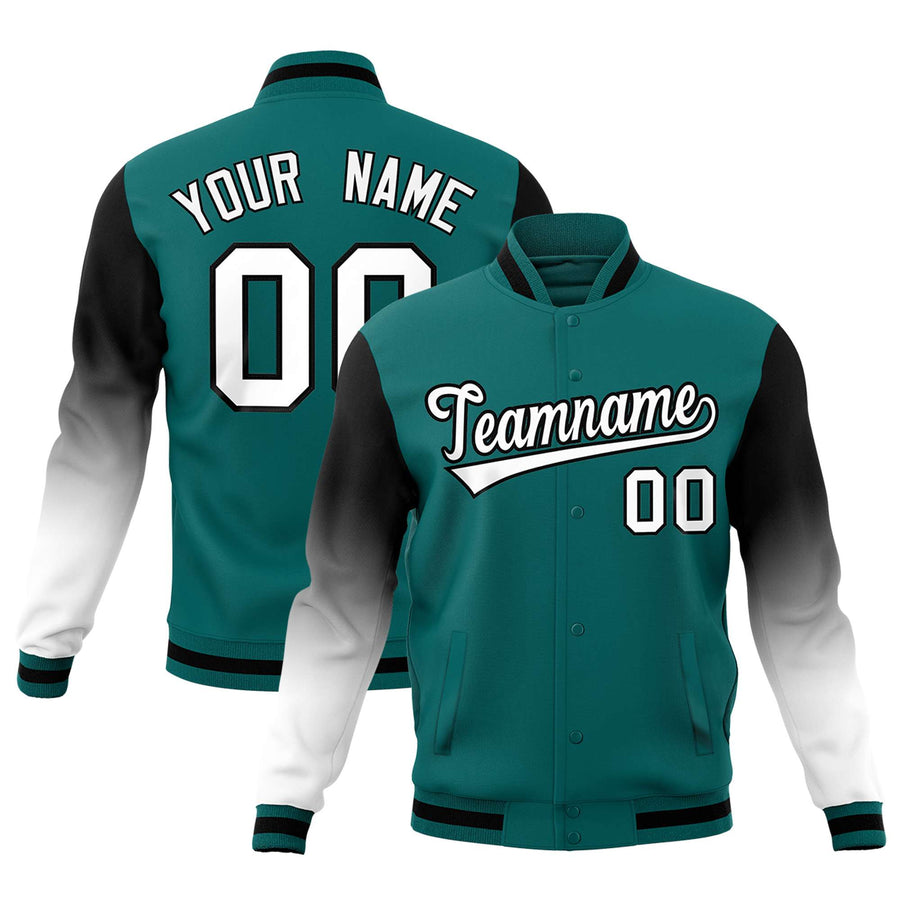Custom Teal White Black Full-Snap Varsity Raglan Sleeves Gradient Letterman Jacket | BuyFootballJersey