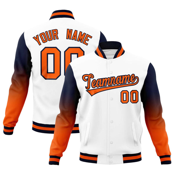 Custom White Orange Navy Full-Snap Varsity Raglan Sleeves Gradient Letterman Jacket | BuyFootballJersey
