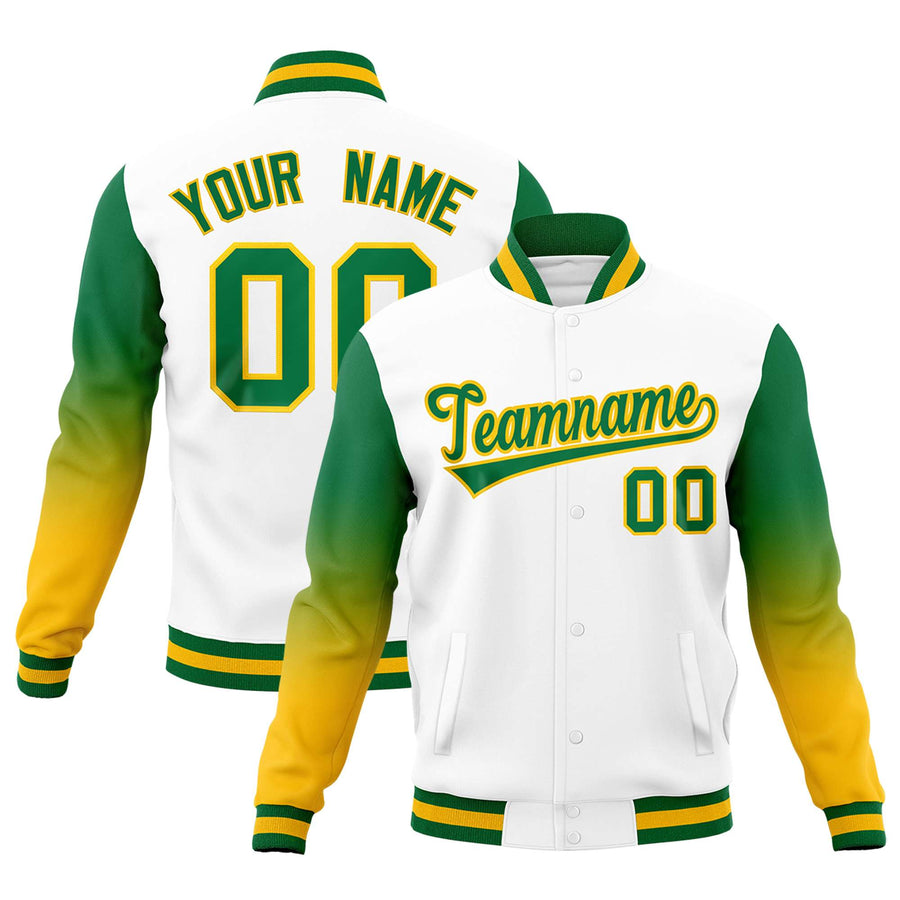 Custom White Kelly Green Gold Full-Snap Varsity Raglan Sleeves Gradient Letterman Jacket | BuyFootballJersey