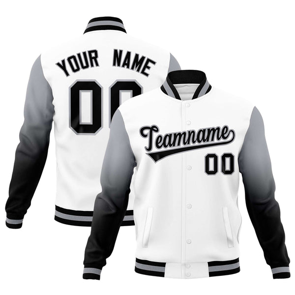 Custom White Black Gray Full-Snap Varsity Raglan Sleeves Gradient Letterman Jacket | BuyFootballJersey