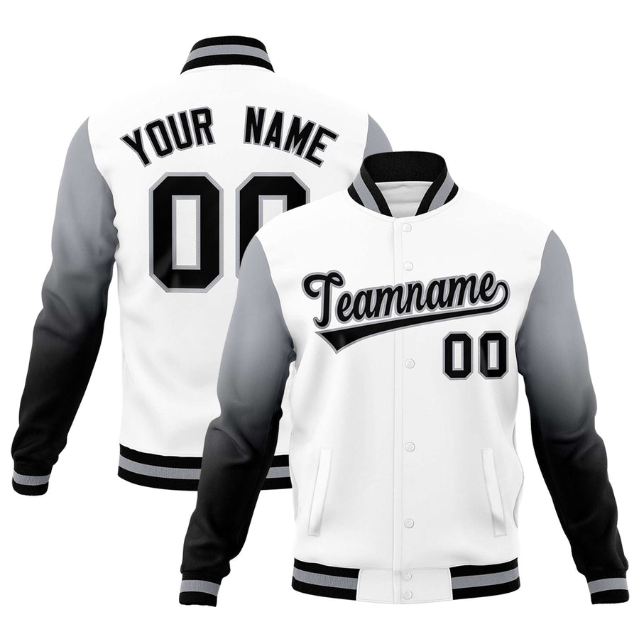 Custom White Black Gray Full-Snap Varsity Raglan Sleeves Gradient Letterman Jacket | BuyFootballJersey