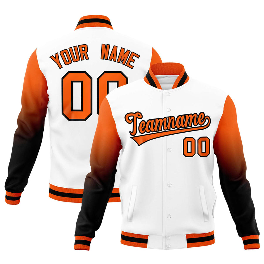 Custom White Orange Black Full-Snap Varsity Raglan Sleeves Gradient Letterman Jacket | BuyFootballJersey