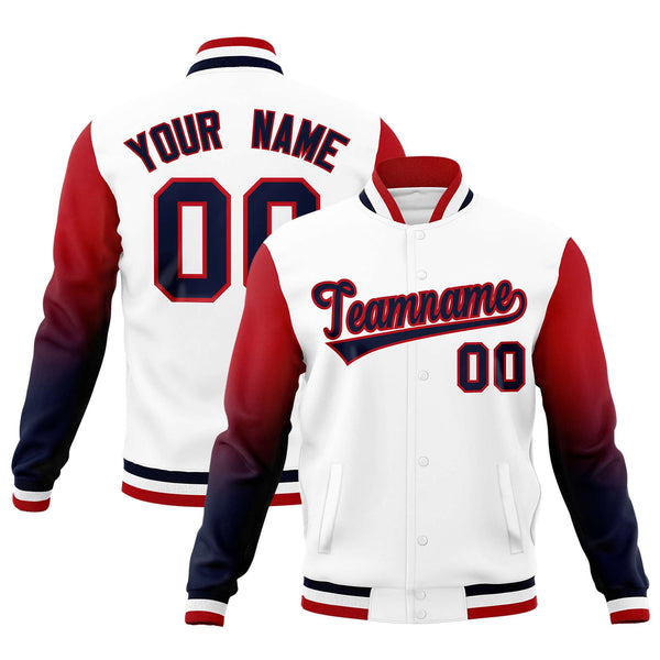 Custom White Navy Red Full-Snap Varsity Raglan Sleeves Gradient Letterman Jacket | BuyFootballJersey