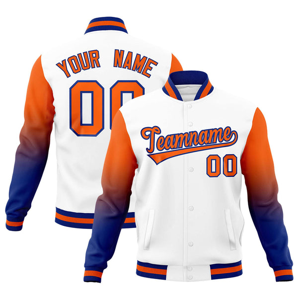 Custom White Orange Royal Blue Full-Snap Varsity Raglan Sleeves Gradient Letterman Jacket | BuyFootballJersey