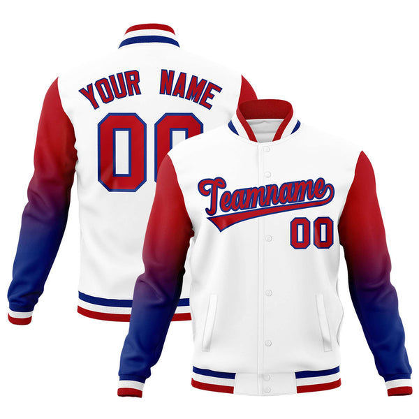 Custom White Red Royal Full-Snap Varsity Raglan Sleeves Gradient Letterman Jacket | BuyFootballJersey