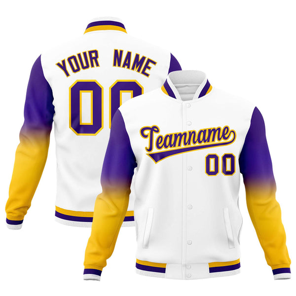Custom White Purple Gold Full-Snap Varsity Raglan Sleeves Gradient Letterman Jacket | BuyFootballJersey
