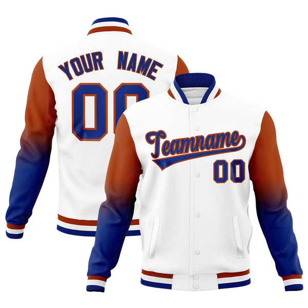 Custom White Royal Blue Dark Orange Full-Snap Varsity Raglan Sleeves Gradient Letterman Jacket | BuyFootballJersey