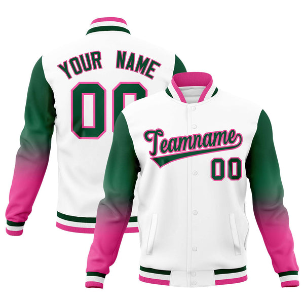 Custom White Green Pink Full-Snap Varsity Raglan Sleeves Gradient Letterman Jacket | BuyFootballJersey