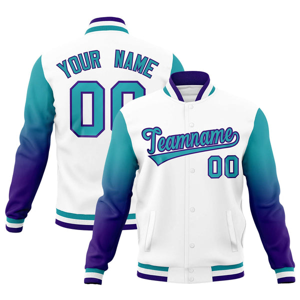 Custom White Aqua Purple Full-Snap Varsity Raglan Sleeves Gradient Letterman Jacket | BuyFootballJersey