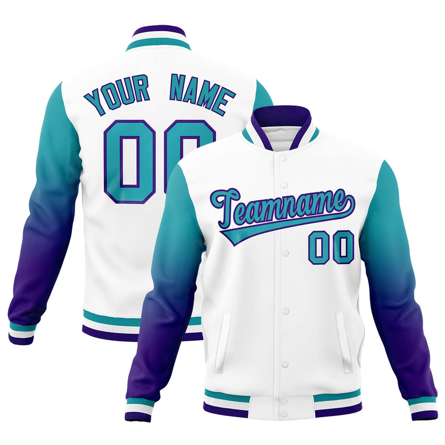 Custom White Aqua Purple Full-Snap Varsity Raglan Sleeves Gradient Letterman Jacket | BuyFootballJersey