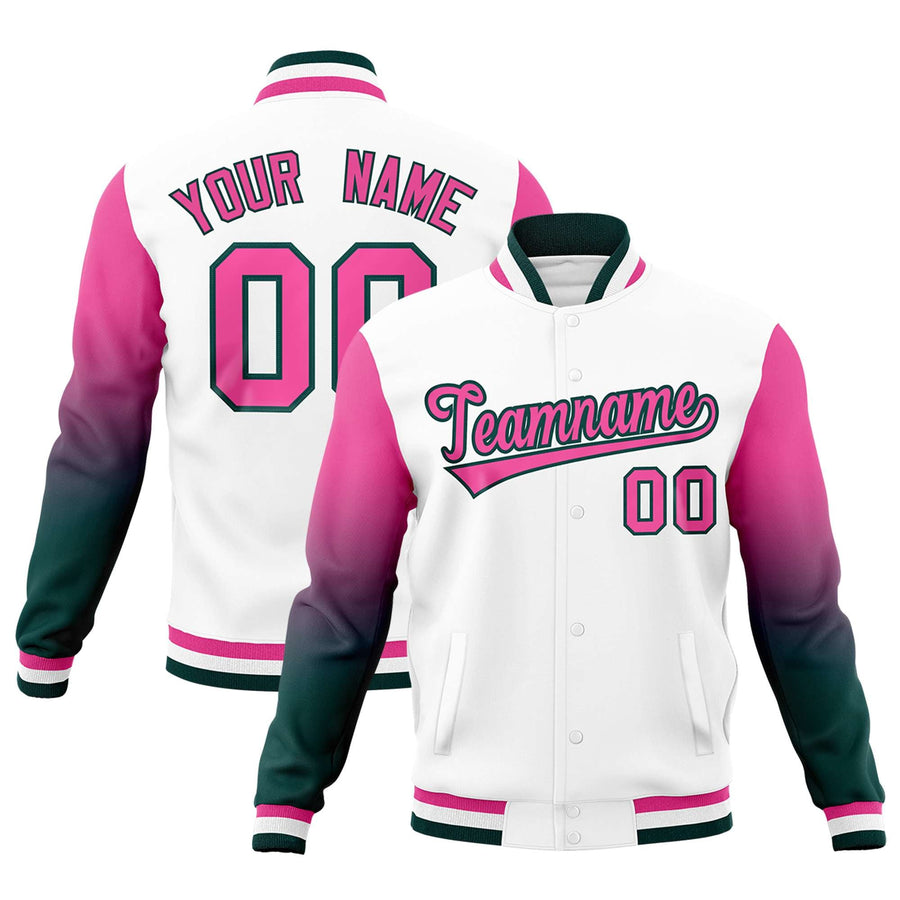 Custom White Pink Midnight Green Full-Snap Varsity Raglan Sleeves Gradient Letterman Jacket | BuyFootballJersey