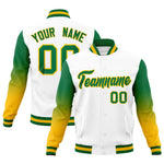 Custom White Kelly Green Gold Full-Snap Varsity Raglan Sleeves Gradient Letterman Jacket | BuyFootballJersey