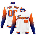 Custom White Orange Royal Blue Full-Snap Varsity Raglan Sleeves Gradient Letterman Jacket | BuyFootballJersey