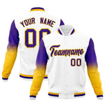 Custom White Purple Gold Full-Snap Varsity Raglan Sleeves Gradient Letterman Jacket | BuyFootballJersey