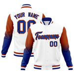 Custom White Royal Blue Dark Orange Full-Snap Varsity Raglan Sleeves Gradient Letterman Jacket | BuyFootballJersey