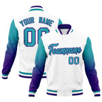 Custom White Aqua Purple Full-Snap Varsity Raglan Sleeves Gradient Letterman Jacket | BuyFootballJersey
