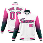 Custom White Pink Midnight Green Full-Snap Varsity Raglan Sleeves Gradient Letterman Jacket | BuyFootballJersey