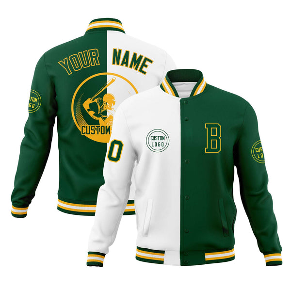 Custom White Green Varsity Full-Snap Split Letterman Baseball Jacket | BuyFootballJersey