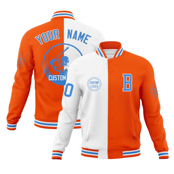 Custom White Orange Varsity Full-Snap Split Letterman Baseball Jacket | BuyFootballJersey