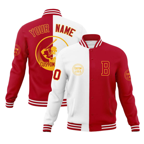 Custom White Red Varsity Full-Snap Split Letterman Baseball Jacket | BuyFootballJersey