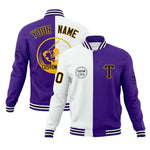 Custom White Purple Varsity Full-Snap Split Letterman Baseball Jacket | BuyFootballJersey