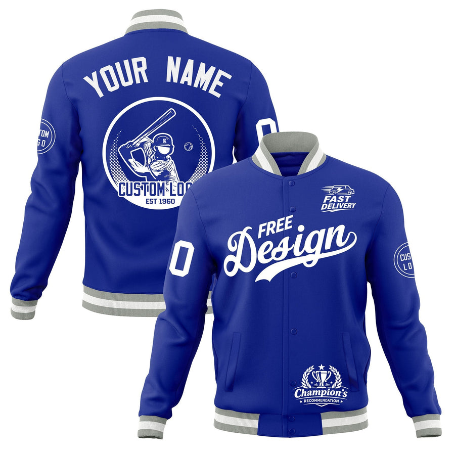 Custom Royal Blue Gray White Jacket Classic Style Full-Snap Club & Spirit Wear Breathable | BuyFootballJersey