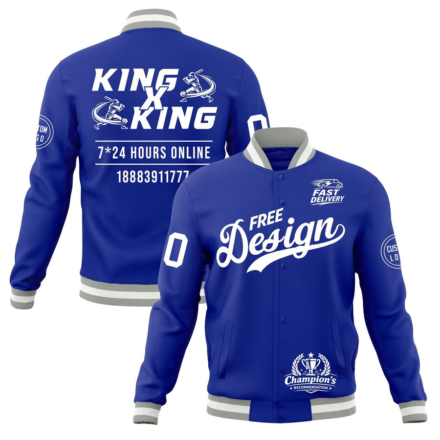 Custom Royal Blue Gray White Jacket Classic Style Full-Snap Club & Spirit Wear Wrinkle-Resistant | BuyFootballJersey