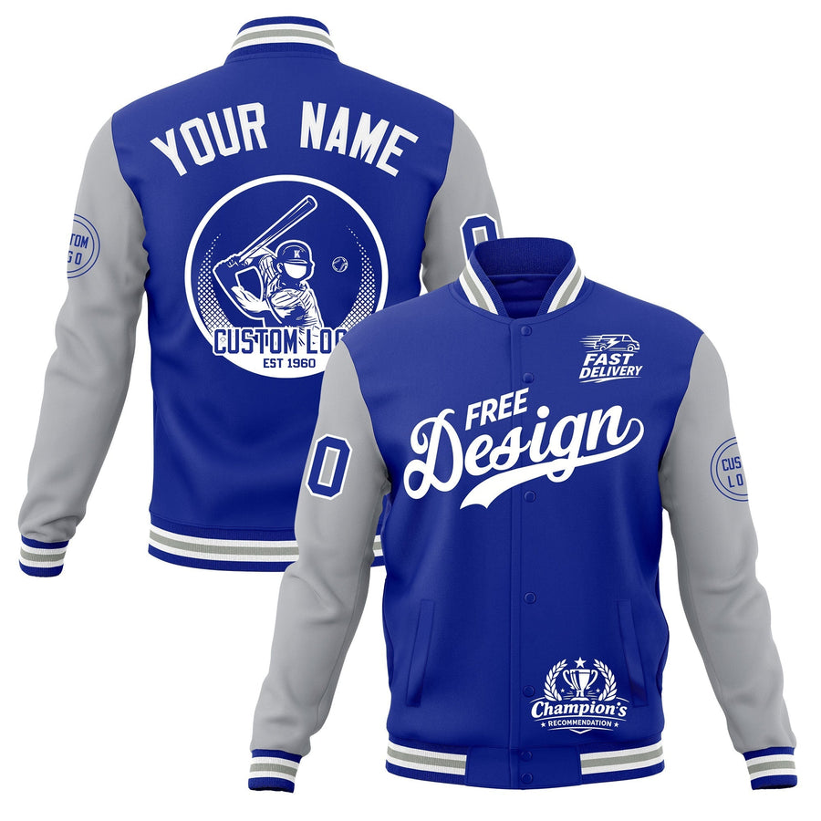 Custom Royal Blue White Gray Jacket Classic Style Full-Snap Club & Spirit Wear Breathable | BuyFootballJersey