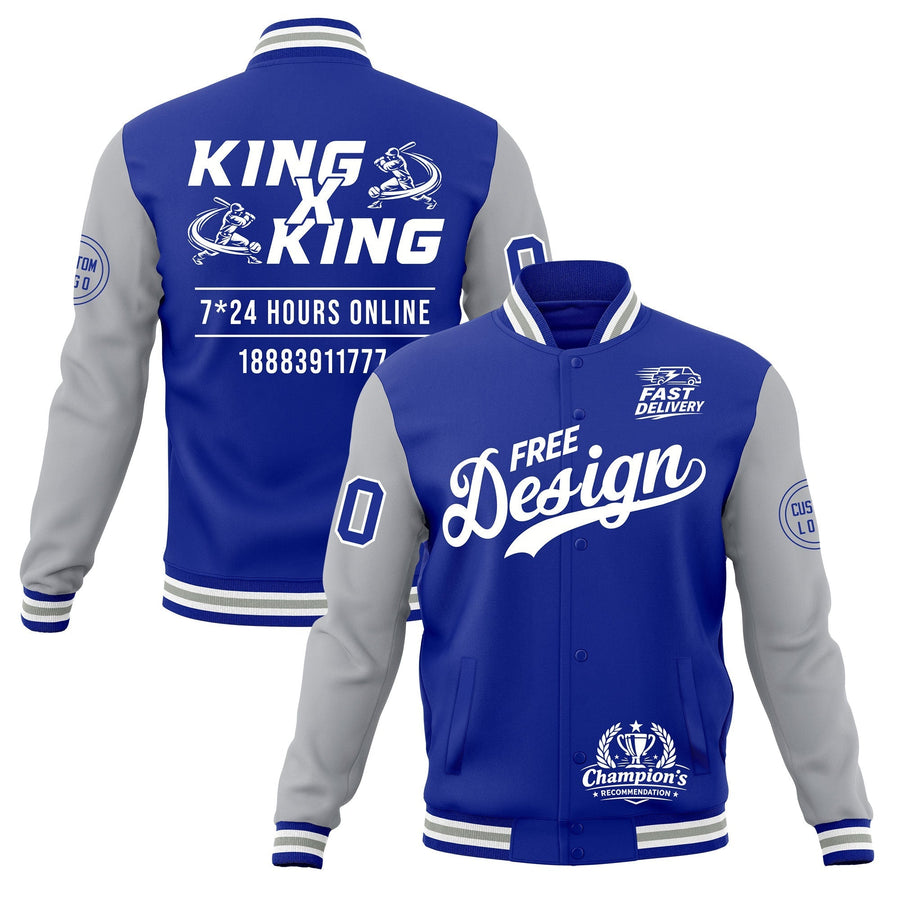 Custom Royal Blue White Gray Jacket Classic Style Full-Snap Club & Spirit Wear Wrinkle-Resistant | BuyFootballJersey