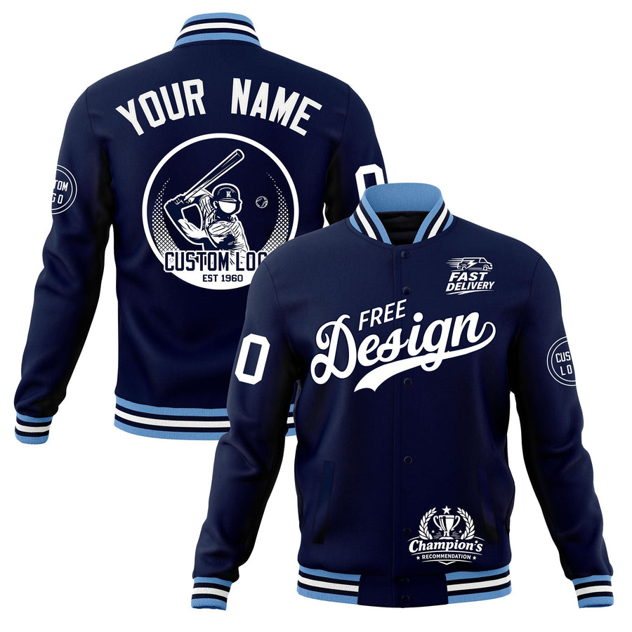 Custom Navy Light Blue White Jacket Classic Style Full-Snap Club & Spirit Wear Breathable | BuyFootballJersey