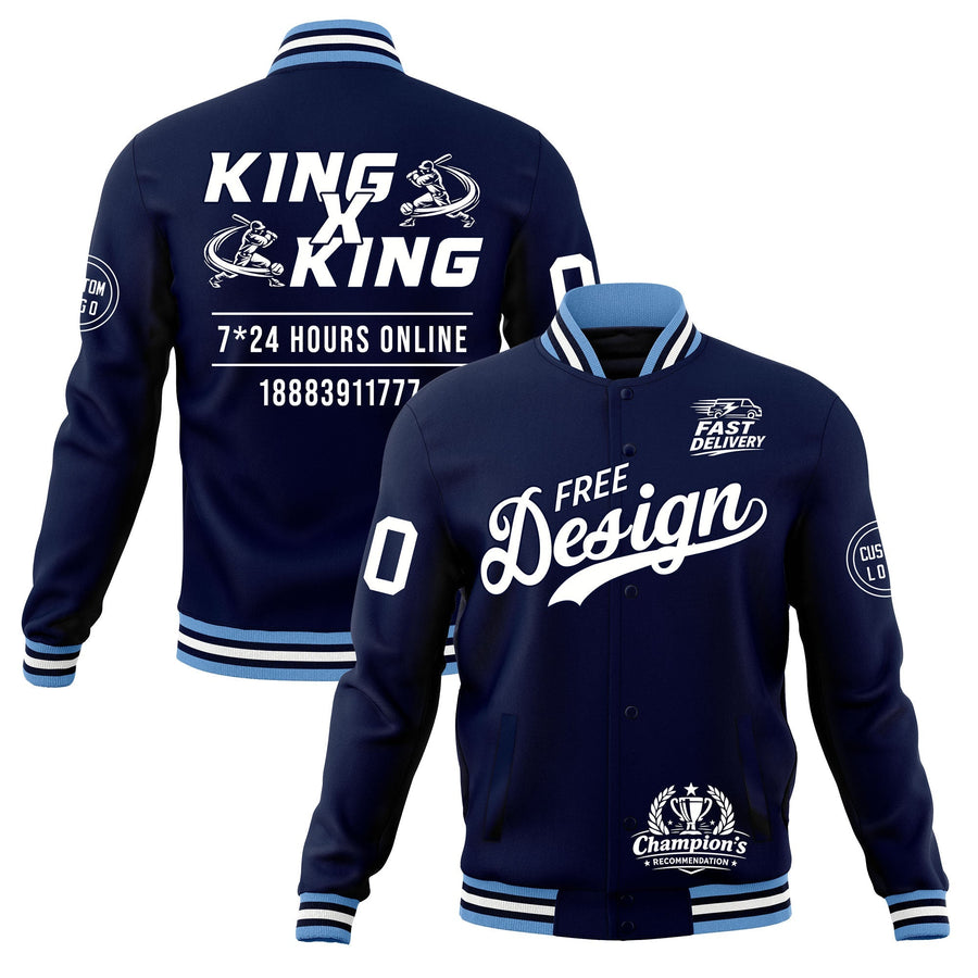 Custom Navy Light Blue White Jacket Classic Style Full-Snap Club & Spirit Wear Wrinkle-Resistant | BuyFootballJersey
