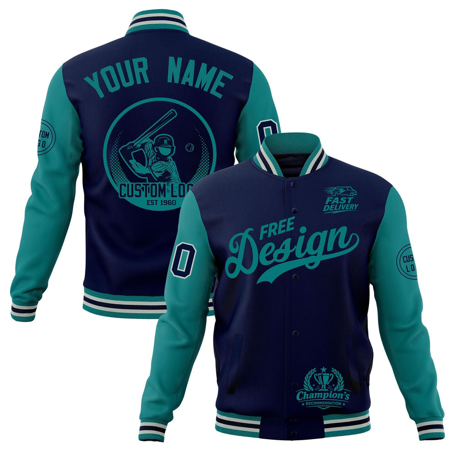 Custom Navy Teal Gray Jacket Classic Style Full-Snap Club & Spirit Wear Breathable | BuyFootballJersey