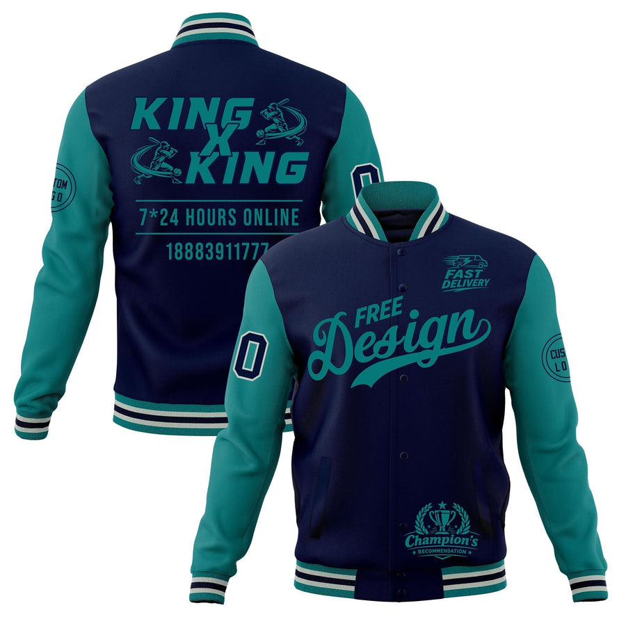 Custom Navy Teal Gray Jacket Classic Style Full-Snap Club & Spirit Wear Wrinkle-Resistant | BuyFootballJersey