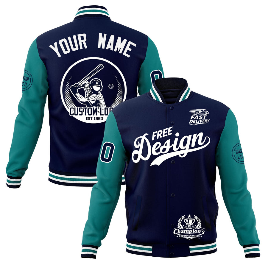 Custom Navy White Teal Jacket Classic Style Full-Snap Club & Spirit Wear Breathable | BuyFootballJersey