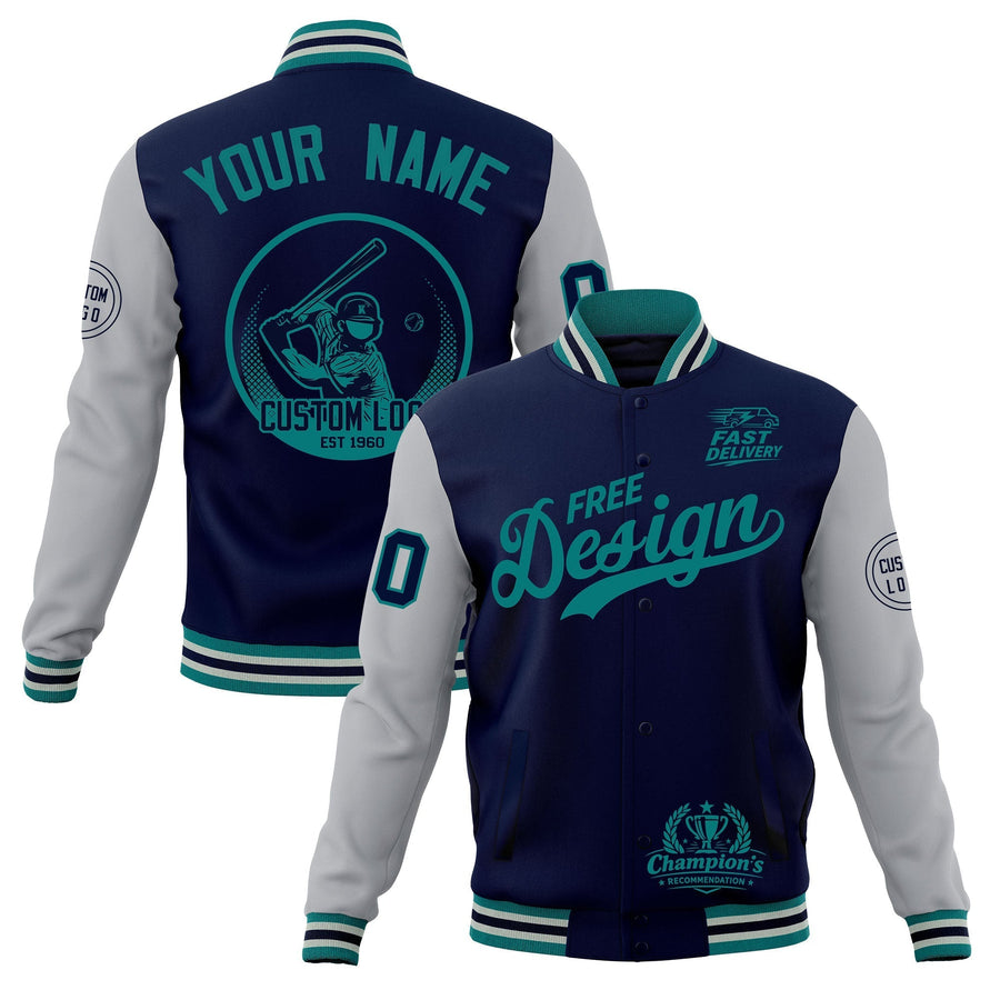 Custom Navy Teal Gray Jacket Classic Style Full-Snap Club & Spirit Wear Breathable | BuyFootballJersey