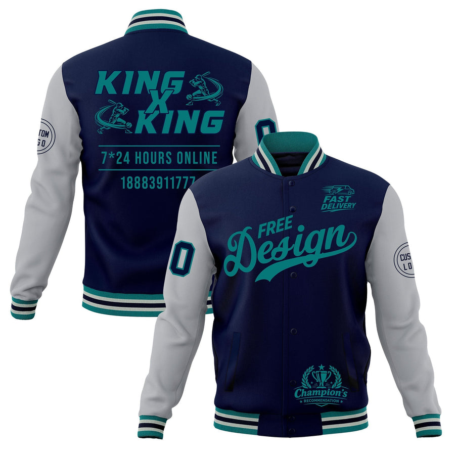 Custom Navy Teal Gray Jacket Classic Style Full-Snap Club & Spirit Wear Wrinkle-Resistant | BuyFootballJersey