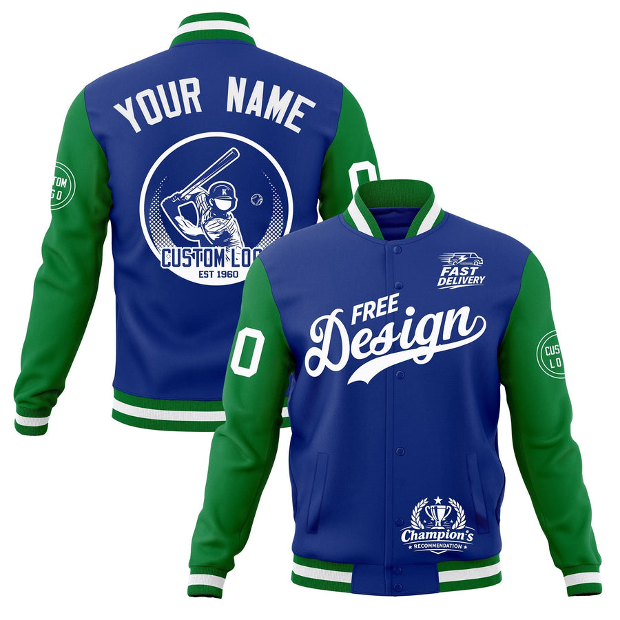 Custom Royal Blue Kelly Green White Jacket Classic Style Full-Snap Club & Spirit Wear Breathable | BuyFootballJersey