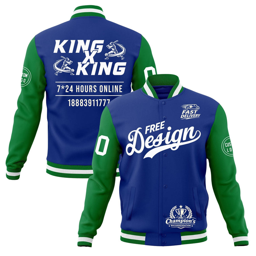 Custom Royal Blue Kelly Green White Jacket Classic Style Full-Snap Club & Spirit Wear Wrinkle-Resistant | BuyFootballJersey