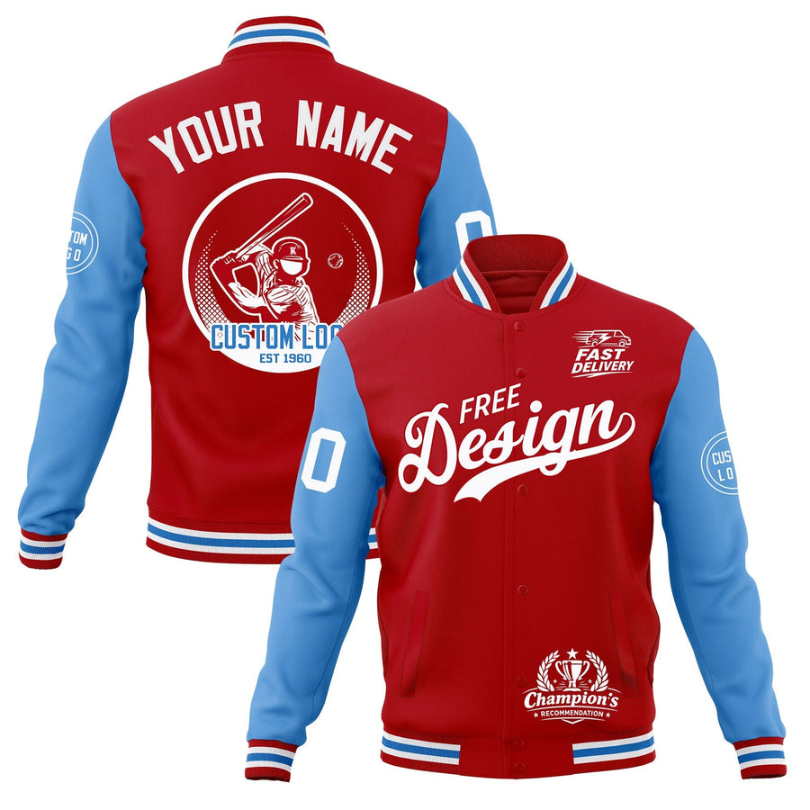 Custom Red White Light Blue Jacket Classic Style Full-Snap Club & Spirit Wear Breathable | BuyFootballJersey