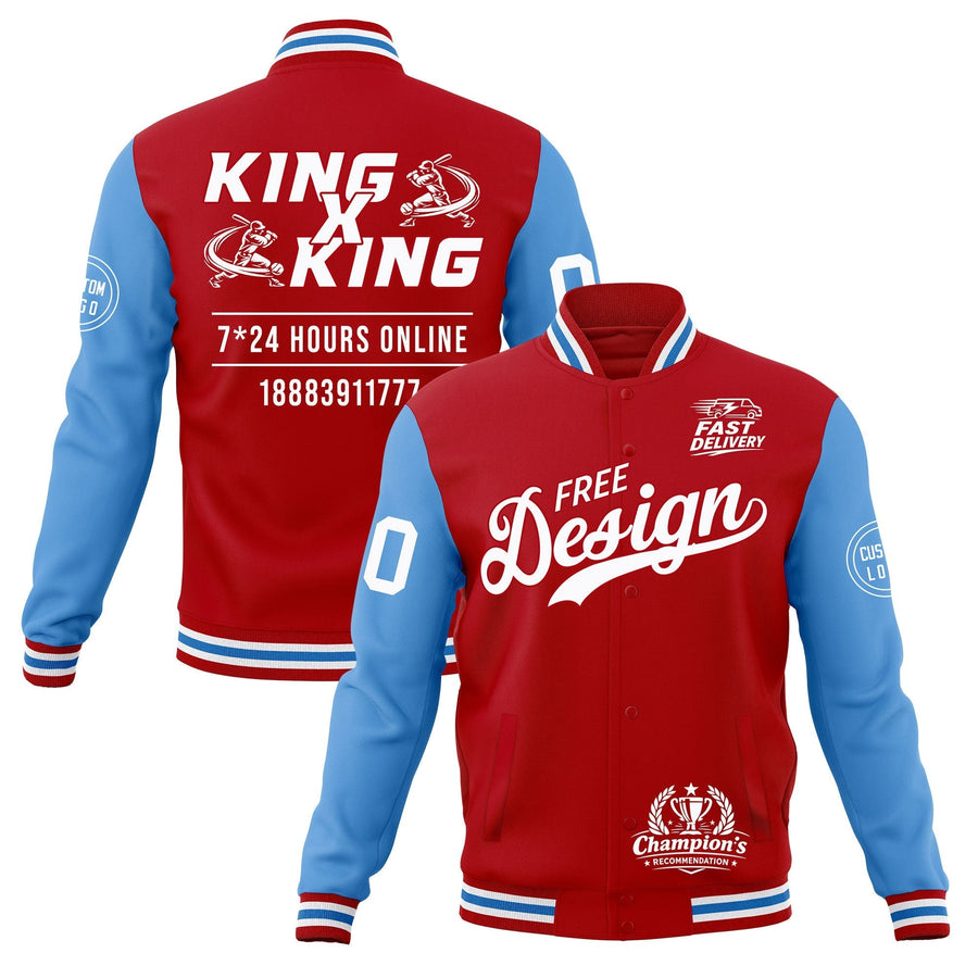Custom Red White Light Blue Jacket Classic Style Full-Snap Club & Spirit Wear Wrinkle-Resistant | BuyFootballJersey
