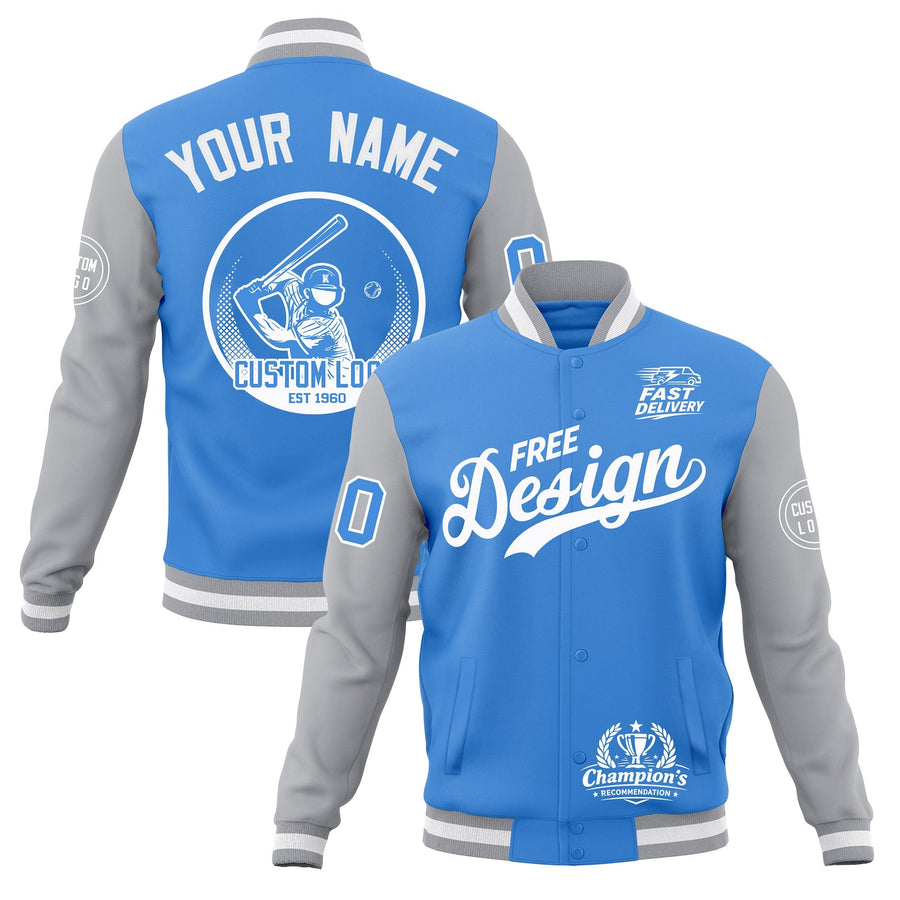 Custom Powder Blue Gray White Jacket Classic Style Full-Snap Club & Spirit Wear Breathable | BuyFootballJersey