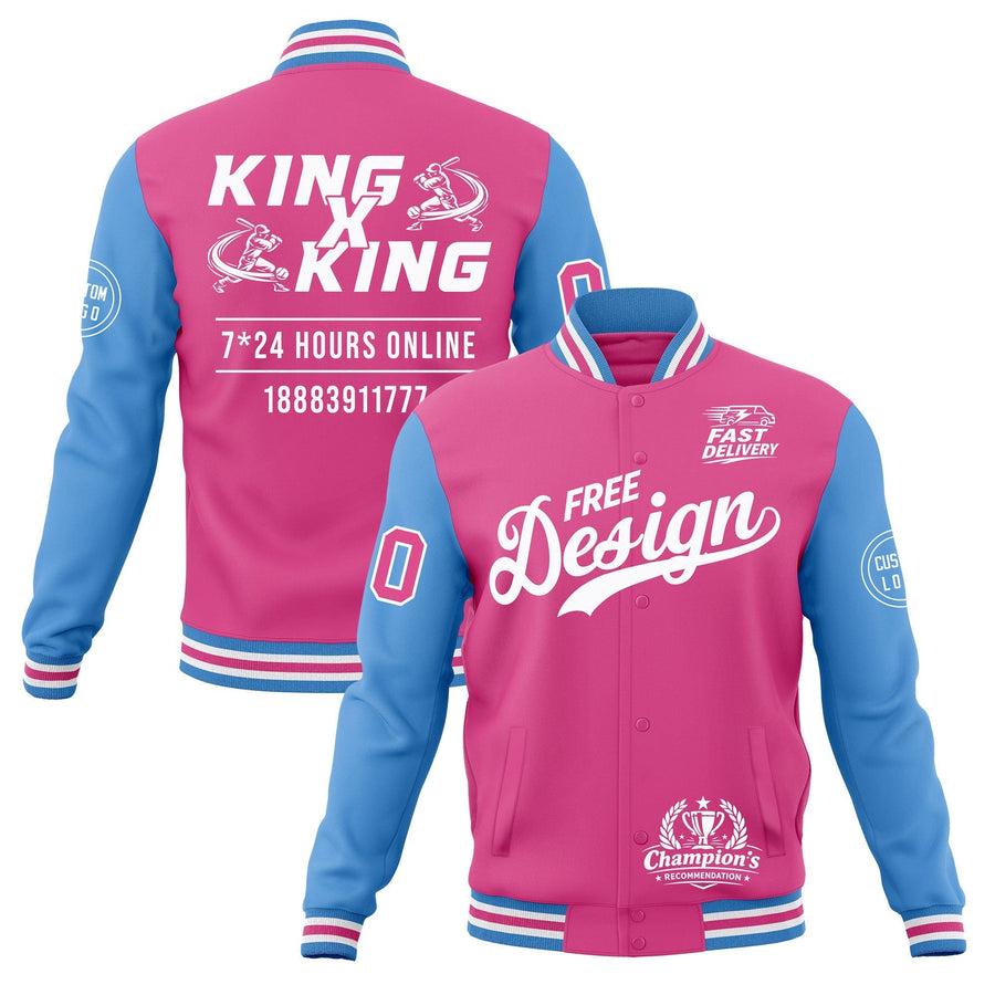 Custom Pink Light Blue White Jacket Classic Style Full-Snap Club & Spirit Wear Wrinkle-Resistant | BuyFootballJersey