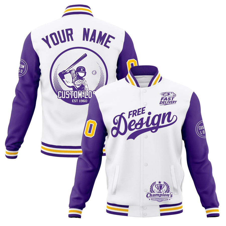 Custom White Purple Gold Jacket Classic Style Full-Snap Club & Spirit Wear Breathable | BuyFootballJersey