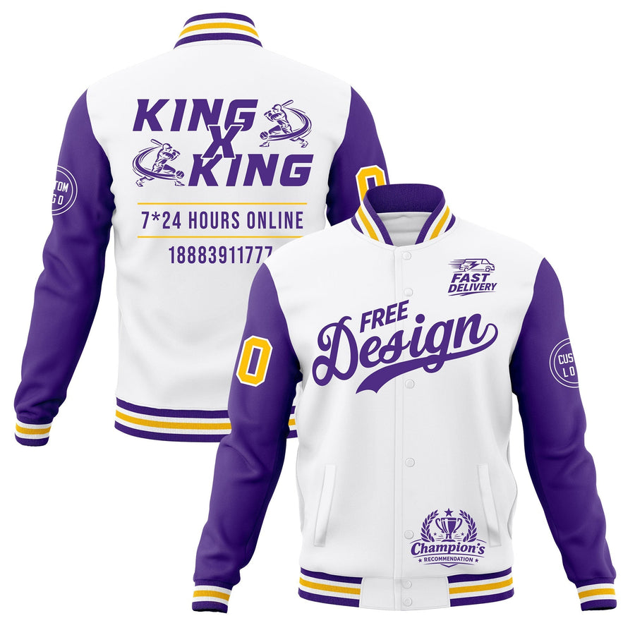 Custom White Purple Gold Jacket Classic Style Full-Snap Club & Spirit Wear Wrinkle-Resistant | BuyFootballJersey