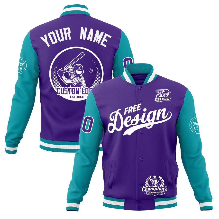 Custom Purple Teal White Jacket Classic Style Full-Snap Club & Spirit Wear Breathable | BuyFootballJersey
