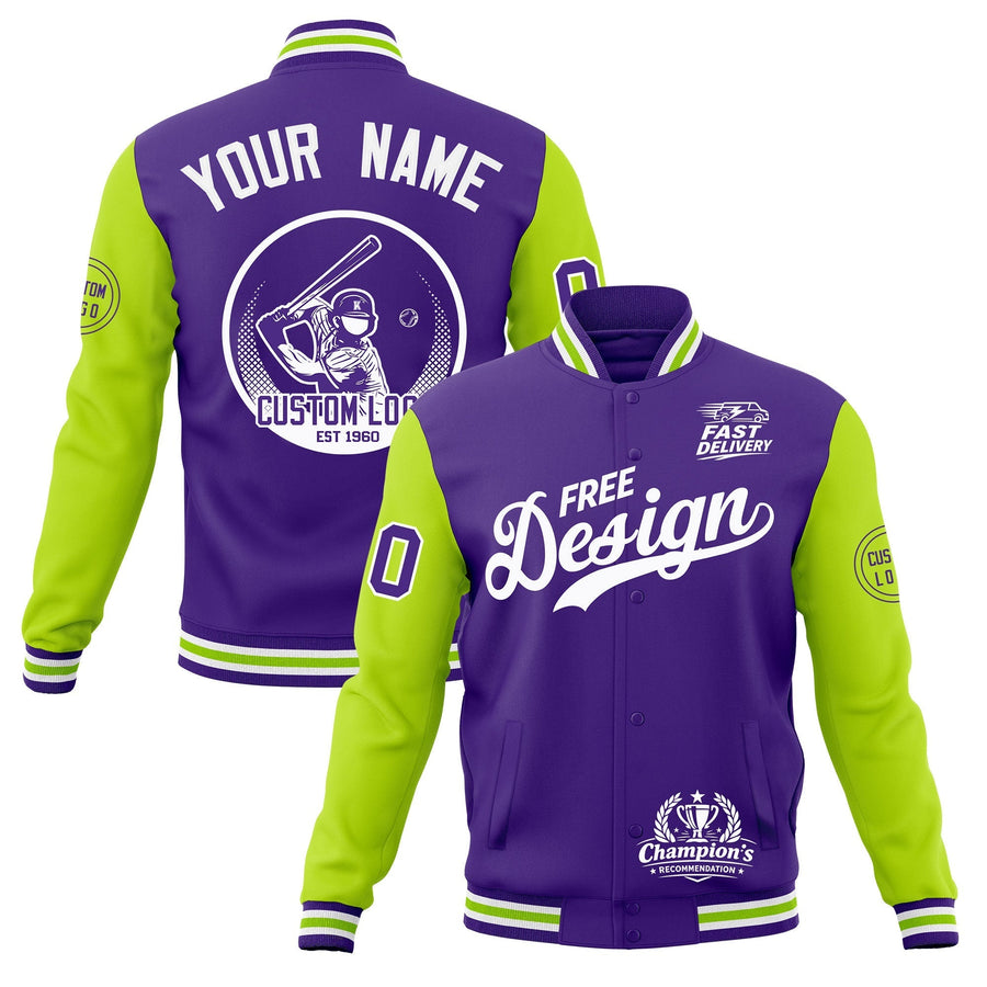 Custom Purple White Neon Green Jacket Classic Style Full-Snap Club & Spirit Wear Breathable | BuyFootballJersey