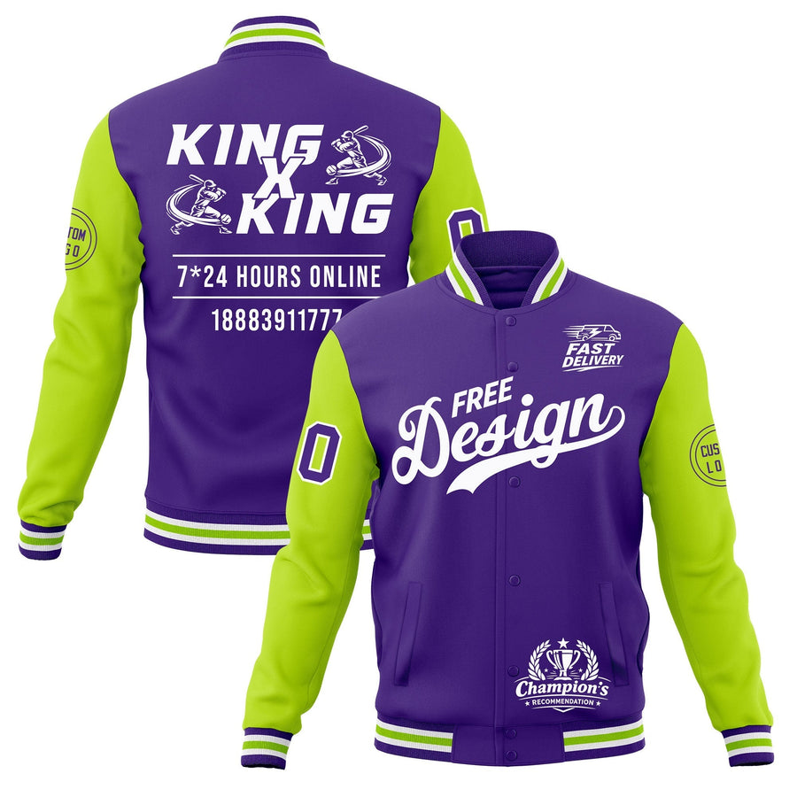 Custom Purple White Neon Green Jacket Classic Style Full-Snap Club & Spirit Wear Wrinkle-Resistant | BuyFootballJersey